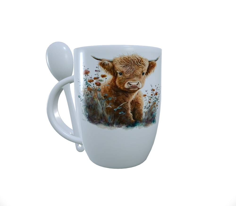 Highland Cow Mug and Spoon Set, Highland Cow Mug, Hot Chocolate